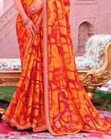 Vishal Prints Carrot Orange And Chili Red Printed Chiffon Saree With Fancy Embroidery Border