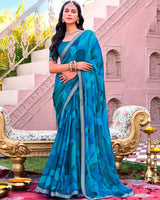 Vishal Prints French Blue Printed Chiffon Saree With Fancy Embroidery Border