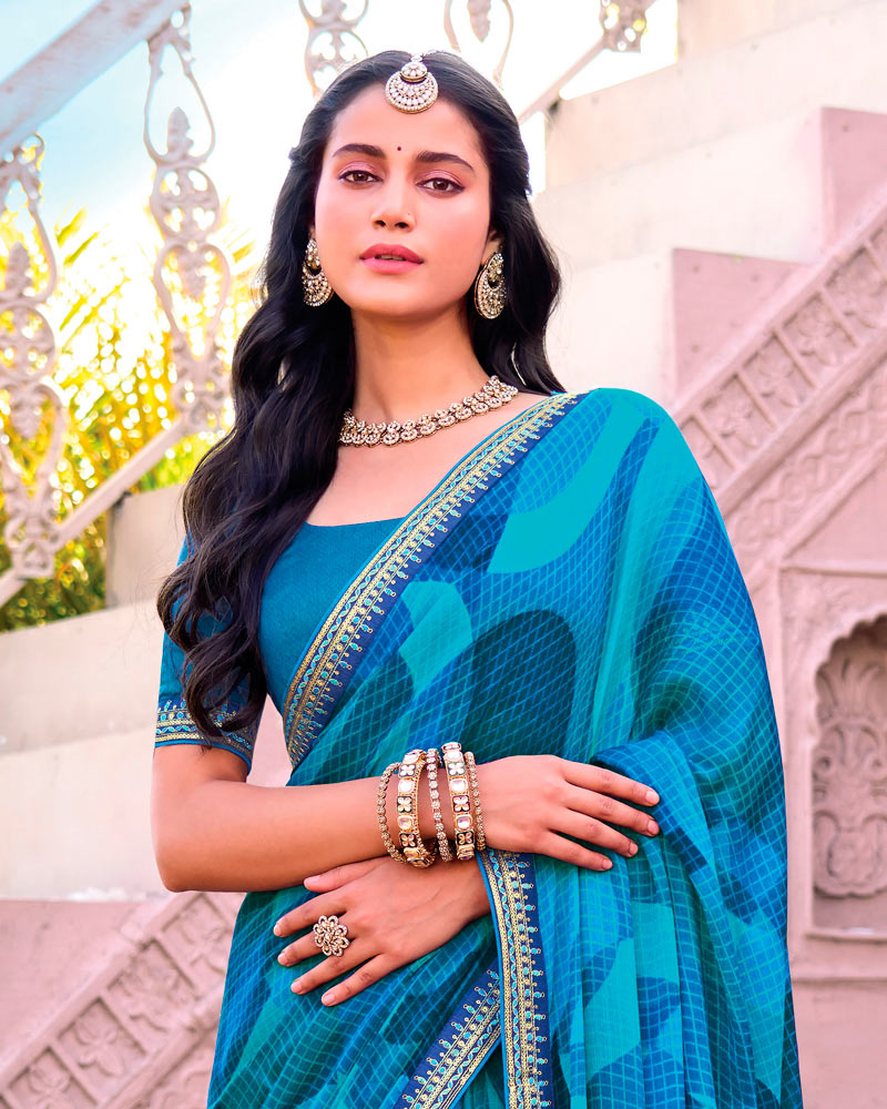 Vishal Prints French Blue Printed Chiffon Saree With Fancy Embroidery Border