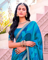 Vishal Prints French Blue Printed Chiffon Saree With Fancy Embroidery Border
