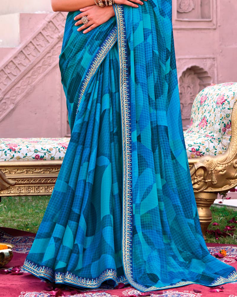 Vishal Prints French Blue Printed Chiffon Saree With Fancy Embroidery Border