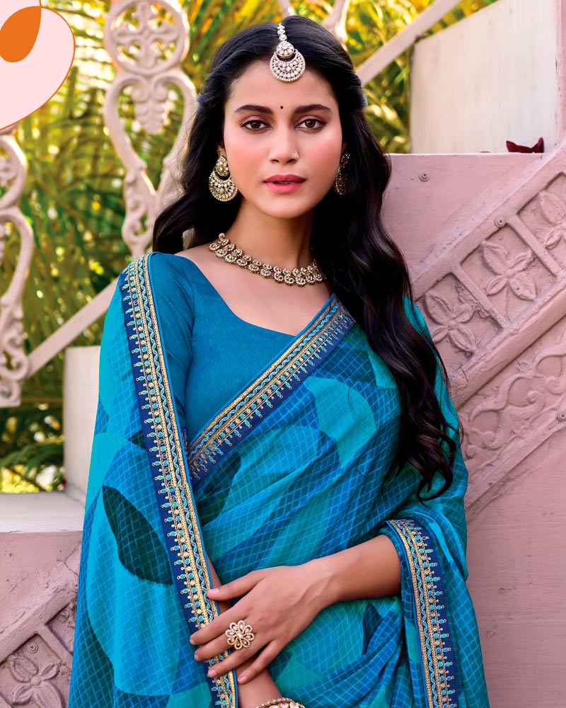 Vishal Prints French Blue Printed Chiffon Saree With Fancy Embroidery Border