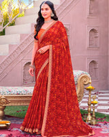 Vishal Prints Cardinal Red Printed Chiffon Saree With Fancy Embroidery Border
