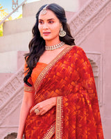 Vishal Prints Cardinal Red Printed Chiffon Saree With Fancy Embroidery Border
