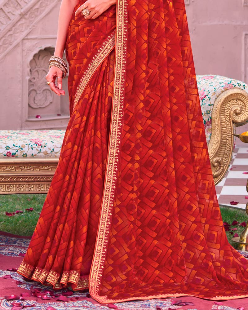 Vishal Prints Cardinal Red Printed Chiffon Saree With Fancy Embroidery Border