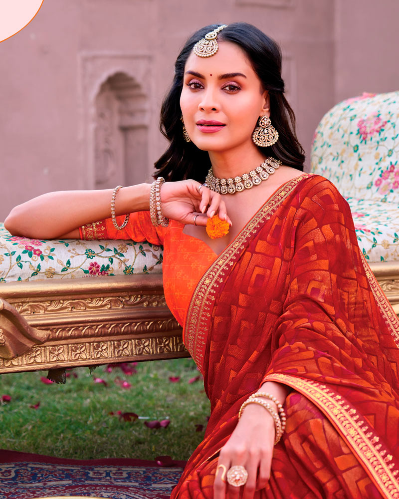 Vishal Prints Cardinal Red Printed Chiffon Saree With Fancy Embroidery Border