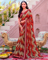Vishal Prints French Biege And Orangey Red Printed Chiffon Saree With Fancy Embroidery Border