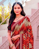 Vishal Prints French Biege And Orangey Red Printed Chiffon Saree With Fancy Embroidery Border