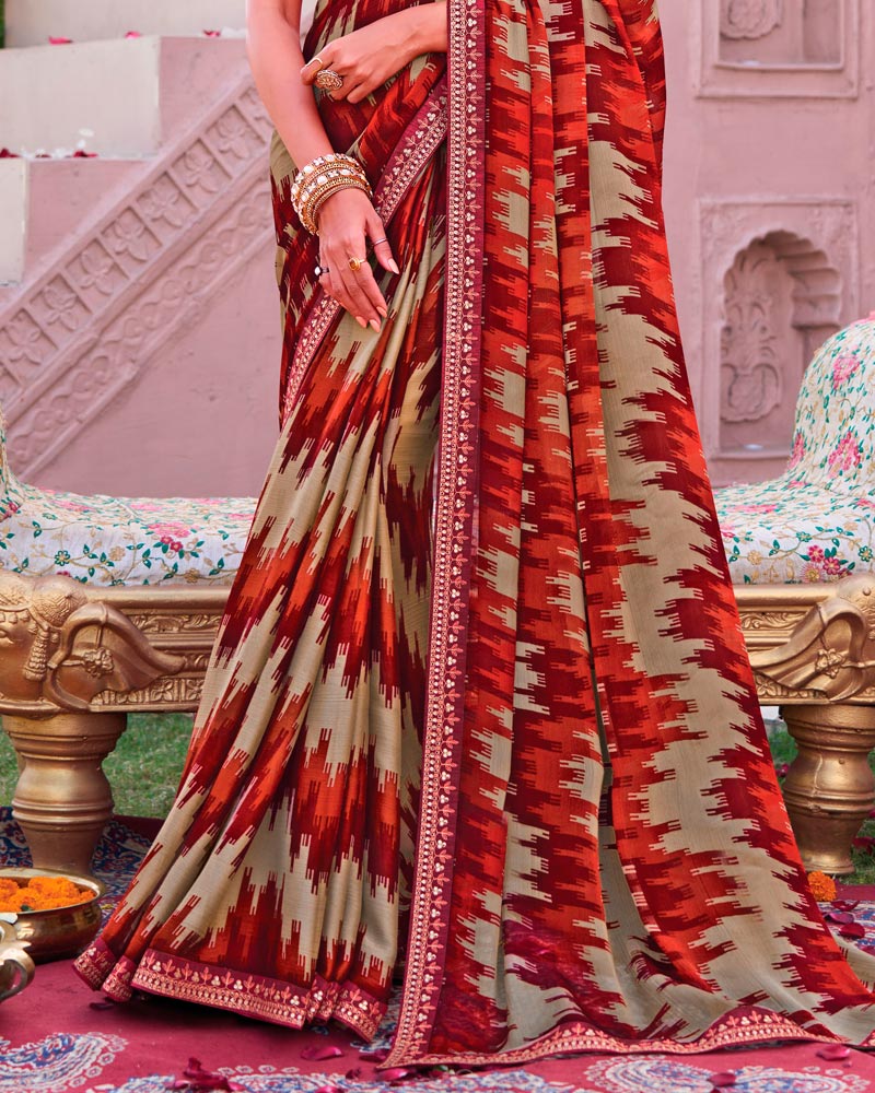 Vishal Prints French Biege And Orangey Red Printed Chiffon Saree With Fancy Embroidery Border
