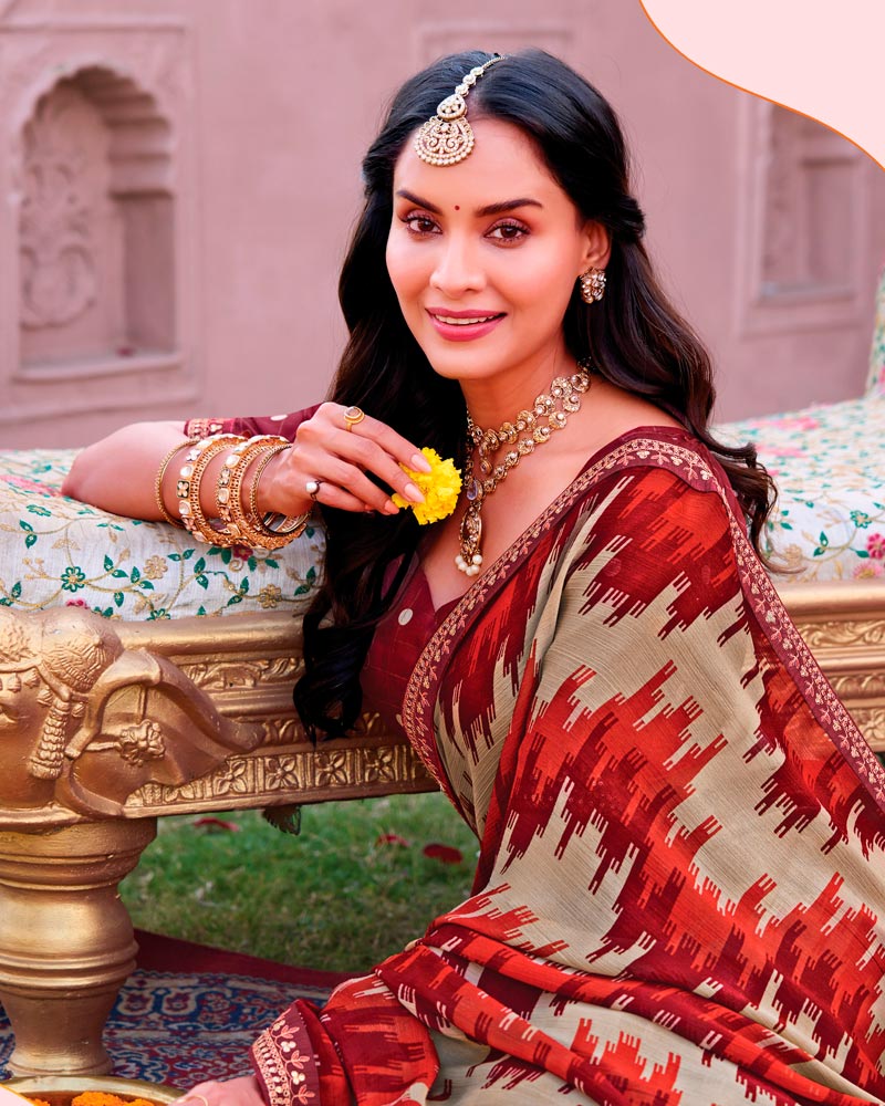 Vishal Prints French Biege And Orangey Red Printed Chiffon Saree With Fancy Embroidery Border