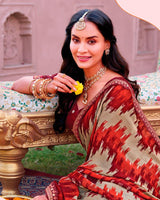 Vishal Prints French Biege And Orangey Red Printed Chiffon Saree With Fancy Embroidery Border