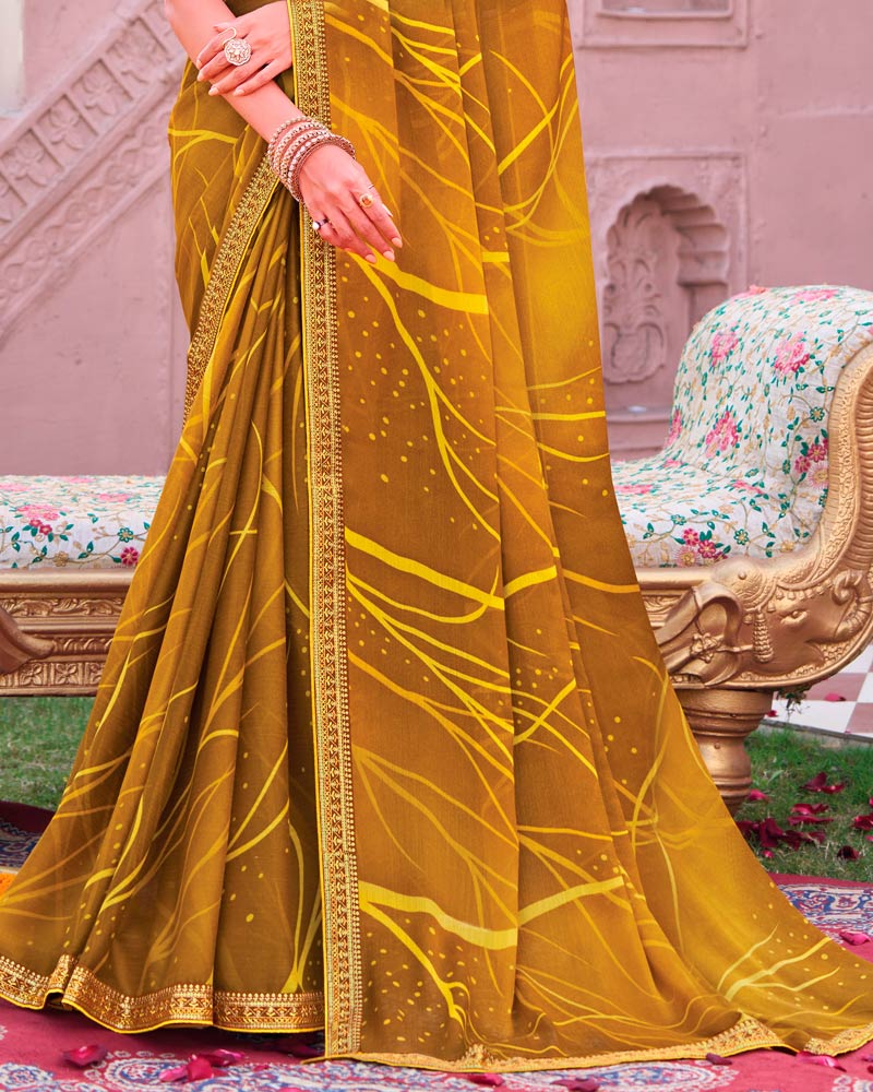 Vishal Prints Sandy Brown Printed Chiffon Saree With Fancy Embroidery Border