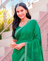Vishal Prints Dark Spring Green Printed Chiffon Saree With Fancy Embroidery Border