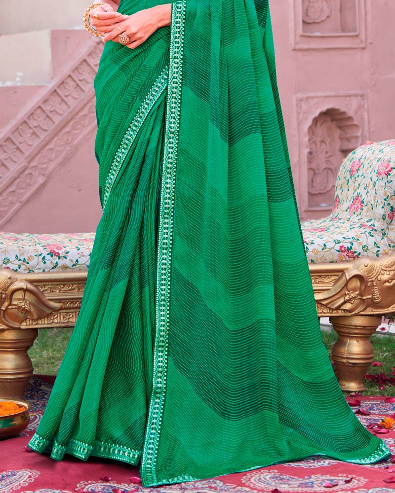 Vishal Prints Dark Spring Green Printed Chiffon Saree With Fancy Embroidery Border