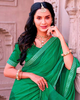 Vishal Prints Dark Spring Green Printed Chiffon Saree With Fancy Embroidery Border