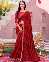 Vishal Prints Wine Red Printed Chiffon Saree With Fancy Embroidery Border