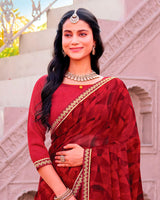 Vishal Prints Wine Red Printed Chiffon Saree With Fancy Embroidery Border