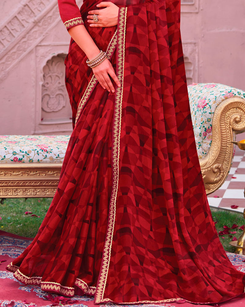 Vishal Prints Wine Red Printed Chiffon Saree With Fancy Embroidery Border