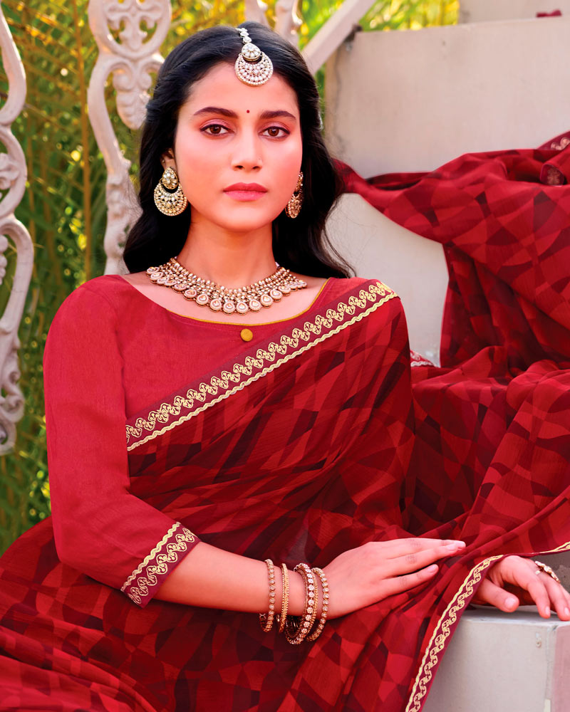 Vishal Prints Wine Red Printed Chiffon Saree With Fancy Embroidery Border