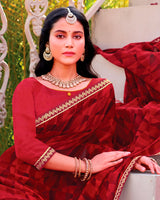 Vishal Prints Wine Red Printed Chiffon Saree With Fancy Embroidery Border
