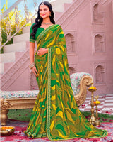Vishal Prints Multi Green Printed Chiffon Saree With Fancy Embroidery Border