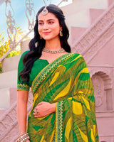 Vishal Prints Multi Green Printed Chiffon Saree With Fancy Embroidery Border