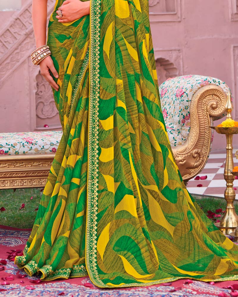 Vishal Prints Multi Green Printed Chiffon Saree With Fancy Embroidery Border