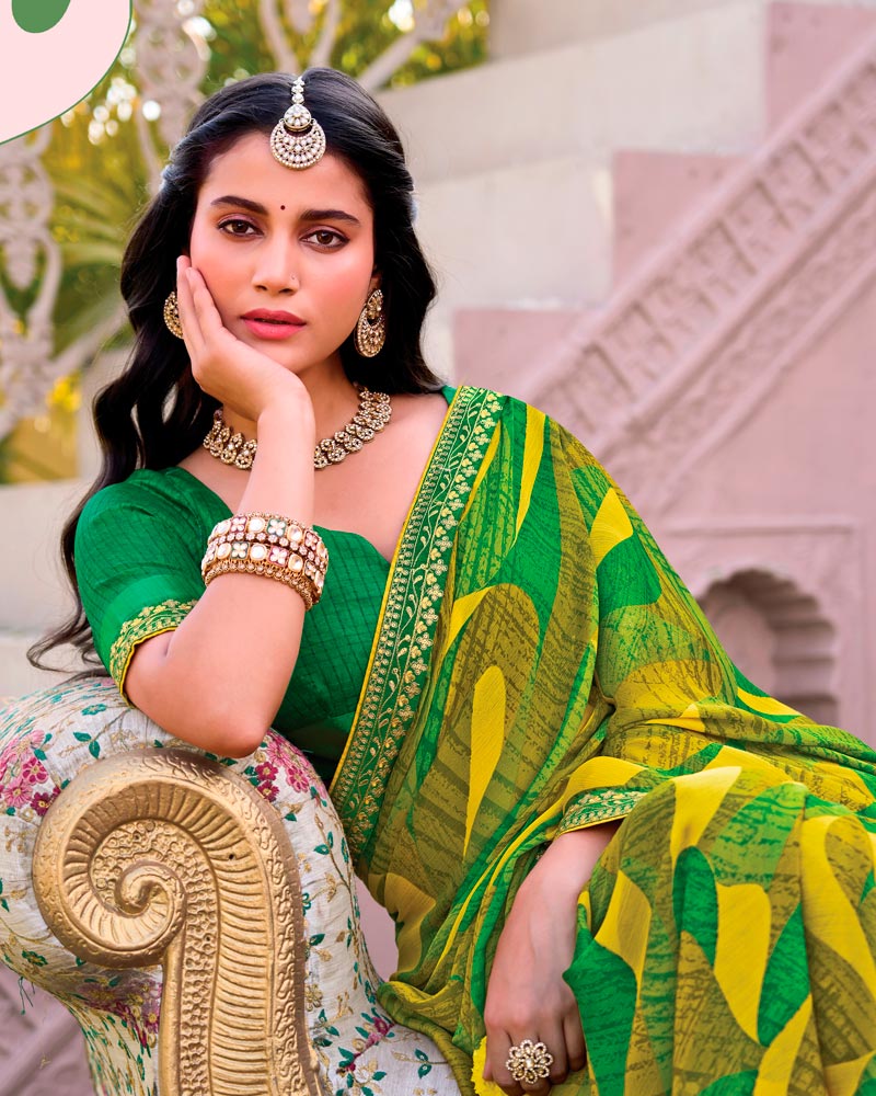 Vishal Prints Multi Green Printed Chiffon Saree With Fancy Embroidery Border