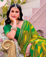 Vishal Prints Multi Green Printed Chiffon Saree With Fancy Embroidery Border