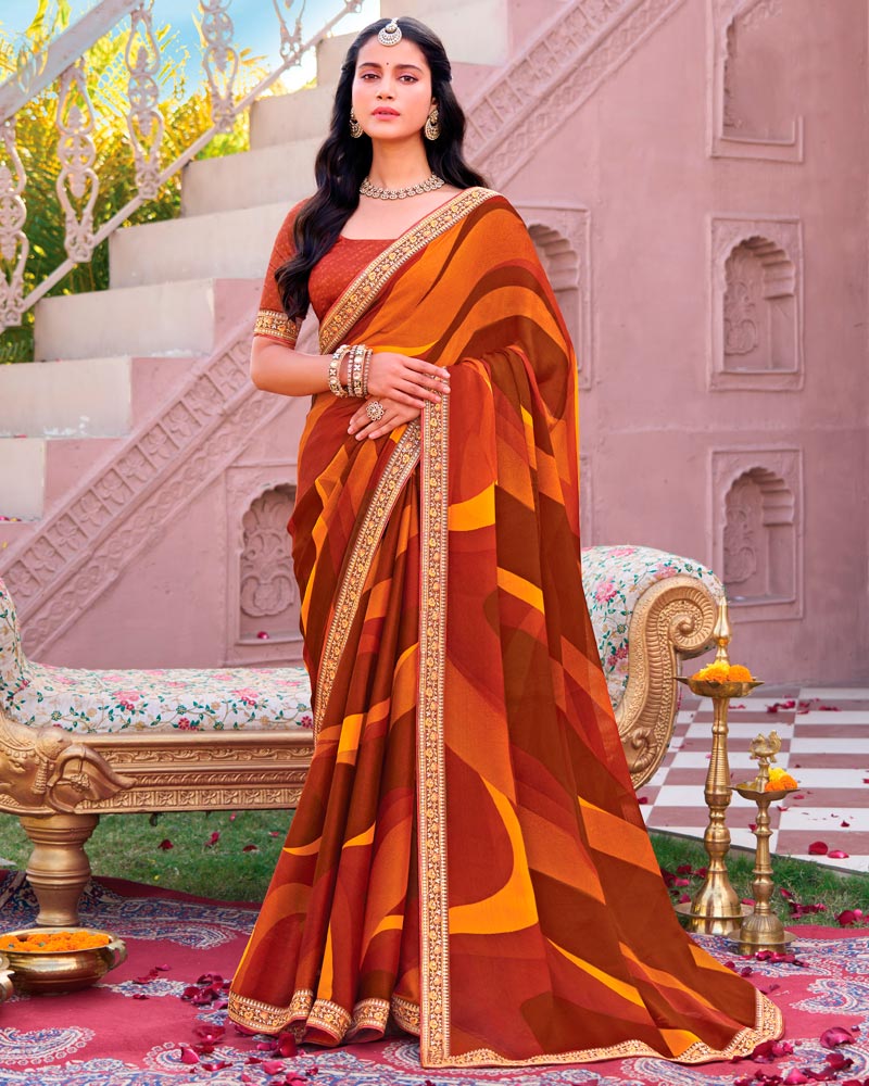 Vishal Prints Burnt Orange Printed Chiffon Saree With Fancy Embroidery Border