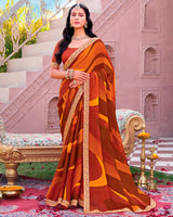 Vishal Prints Burnt Orange Printed Chiffon Saree With Fancy Embroidery Border