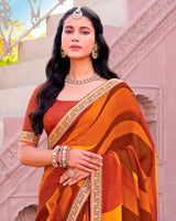 Vishal Prints Burnt Orange Printed Chiffon Saree With Fancy Embroidery Border