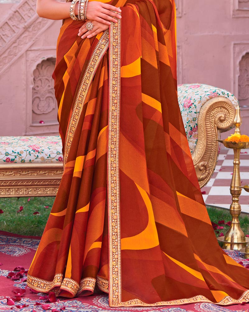 Vishal Prints Burnt Orange Printed Chiffon Saree With Fancy Embroidery Border