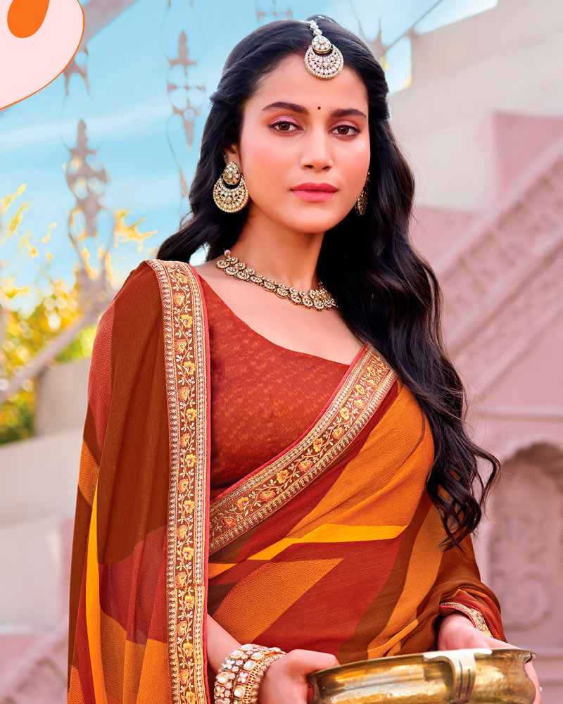 Vishal Prints Burnt Orange Printed Chiffon Saree With Fancy Embroidery Border