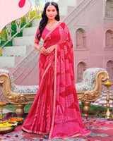 Vishal Prints Deep Rose Pink Printed Chiffon Saree With Fancy Embroidery Border