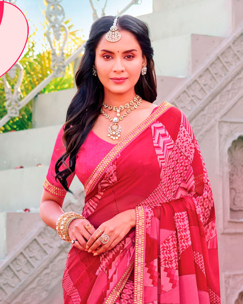 Vishal Prints Deep Rose Pink Printed Chiffon Saree With Fancy Embroidery Border