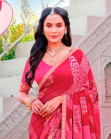 Vishal Prints Deep Rose Pink Printed Chiffon Saree With Fancy Embroidery Border