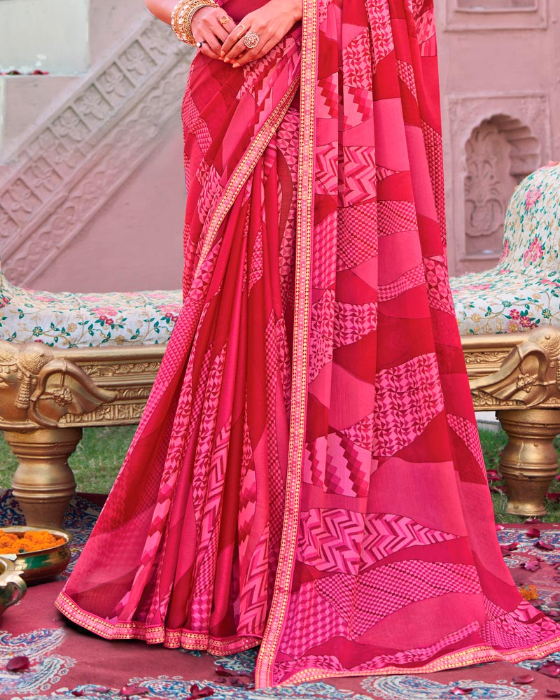 Vishal Prints Deep Rose Pink Printed Chiffon Saree With Fancy Embroidery Border
