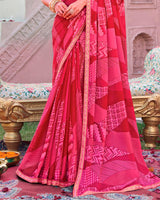 Vishal Prints Deep Rose Pink Printed Chiffon Saree With Fancy Embroidery Border