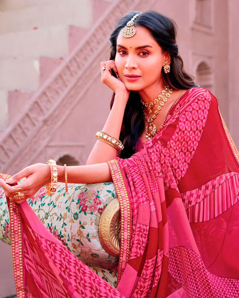 Vishal Prints Deep Rose Pink Printed Chiffon Saree With Fancy Embroidery Border