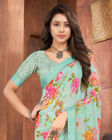 Vishal Prints Sea Green Printed Georgette Saree With Fancy Border