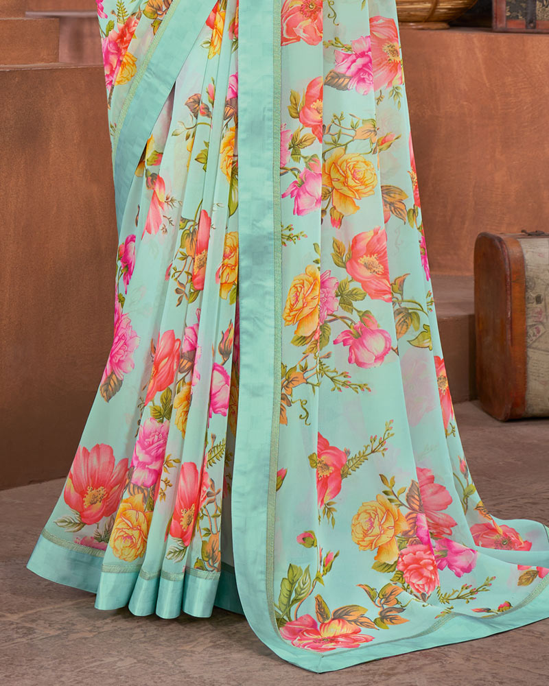Vishal Prints Sea Green Printed Georgette Saree With Fancy Border