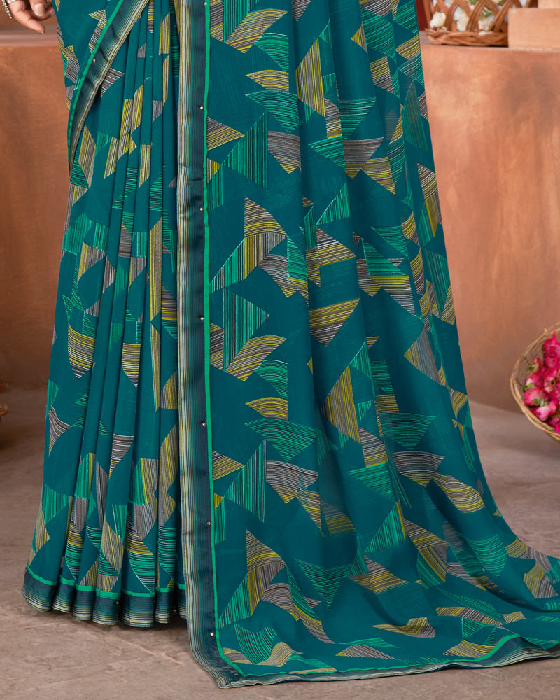 Vishal Prints Sherpa Blue Printed Georgette Saree With Fancy Border