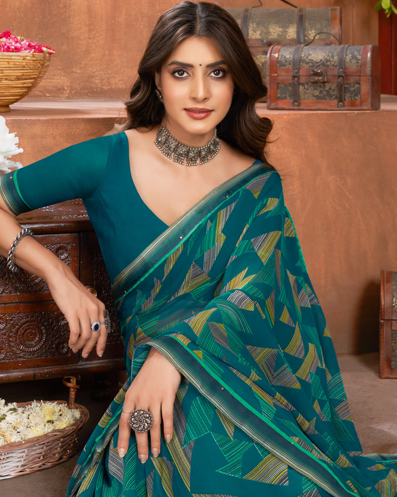 Vishal Prints Sherpa Blue Printed Georgette Saree With Fancy Border
