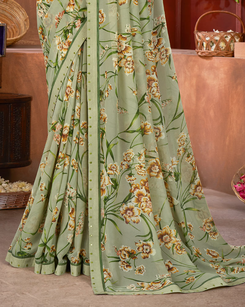 Vishal Prints Sage Green Printed Georgette Saree With Fancy Border