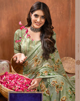 Vishal Prints Sage Green Printed Georgette Saree With Fancy Border