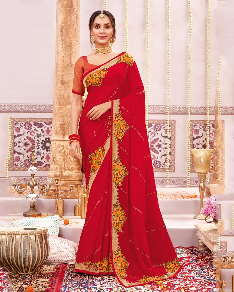 Vishal Prints Cherry Red Designer Chiffon Saree With Embroidery And Diamond Work