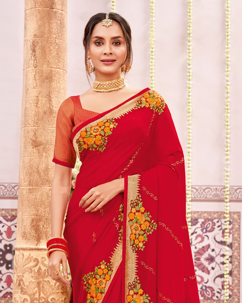 Vishal Prints Cherry Red Designer Chiffon Saree With Embroidery And Diamond Work