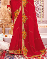 Vishal Prints Cherry Red Designer Chiffon Saree With Embroidery And Diamond Work