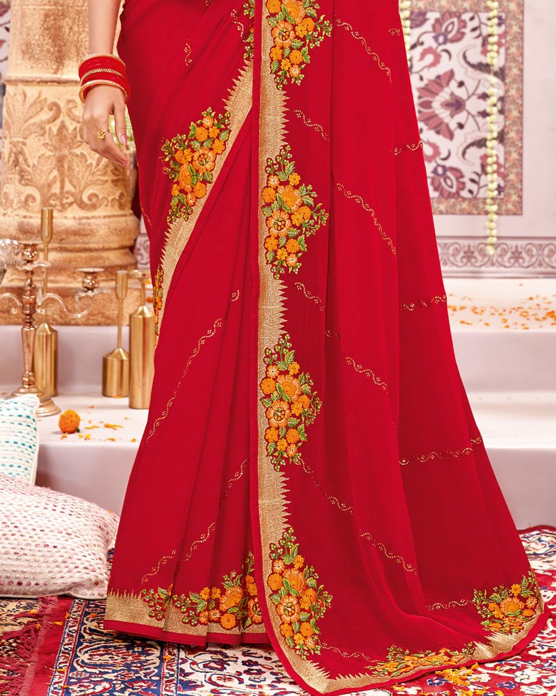 Vishal Prints Cherry Red Designer Chiffon Saree With Embroidery And Diamond Work